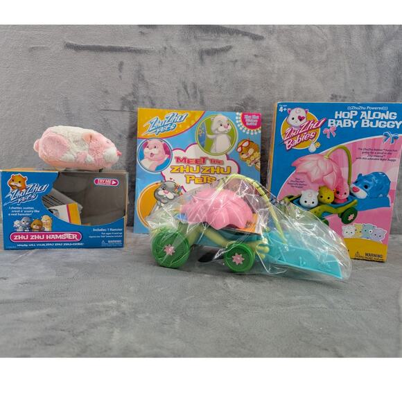 Zhu Zhu lot - babies hop along baby buggy NIB, 1 hampster & a book with stickers - Picture 1 of 13